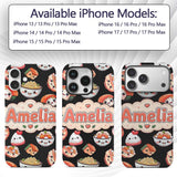 Cute Kawaii Sushi Rice Bowls and Noodles on Black Custom Name Protective Phone Case Mobile Cover Durable Everyday Smartphone Shock Resistant