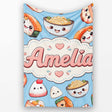 Cute Kawaii Sushi Rice Bowls and Noodles on Blue Background  Personalised Custom Name Super Soft Fleece Blanket Bed Sofa Throw