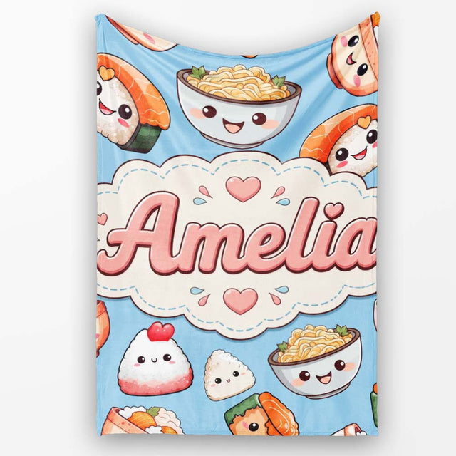 Cute Kawaii Sushi Rice Bowls and Noodles on Blue Background  Personalised Custom Name Super Soft Fleece Blanket Bed Sofa Throw