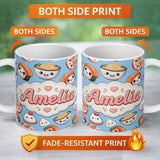 Personalized Custom Name Cute Kawaii Sushi Rice Bowls and Noodles on Blue Background 11oz Ceramic Coffee Tea Mug White Large Handle