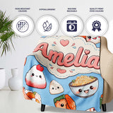 Cute Kawaii Sushi Rice Bowls and Noodles on Blue Background  Personalised Custom Name Super Soft Fleece Blanket Bed Sofa Throw