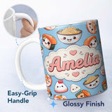 Personalized Custom Name Cute Kawaii Sushi Rice Bowls and Noodles on Blue Background 11oz Ceramic Coffee Tea Mug White Large Handle