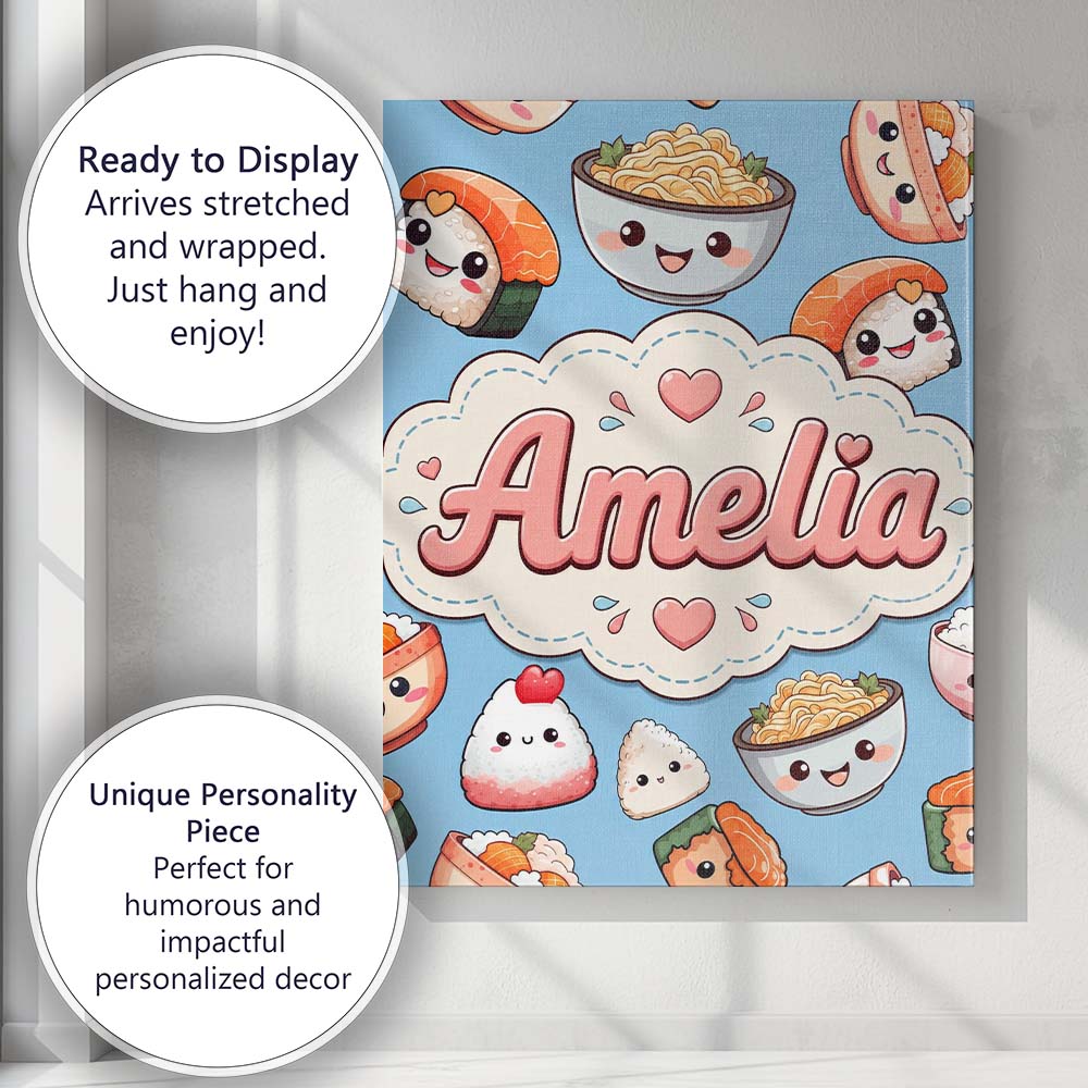 Personalised Name Cute Kawaii Sushi Rice Custom  Unique Gift Idea Elegant Feature Canvas Wall Art Print Decor Picture Ready to Hang