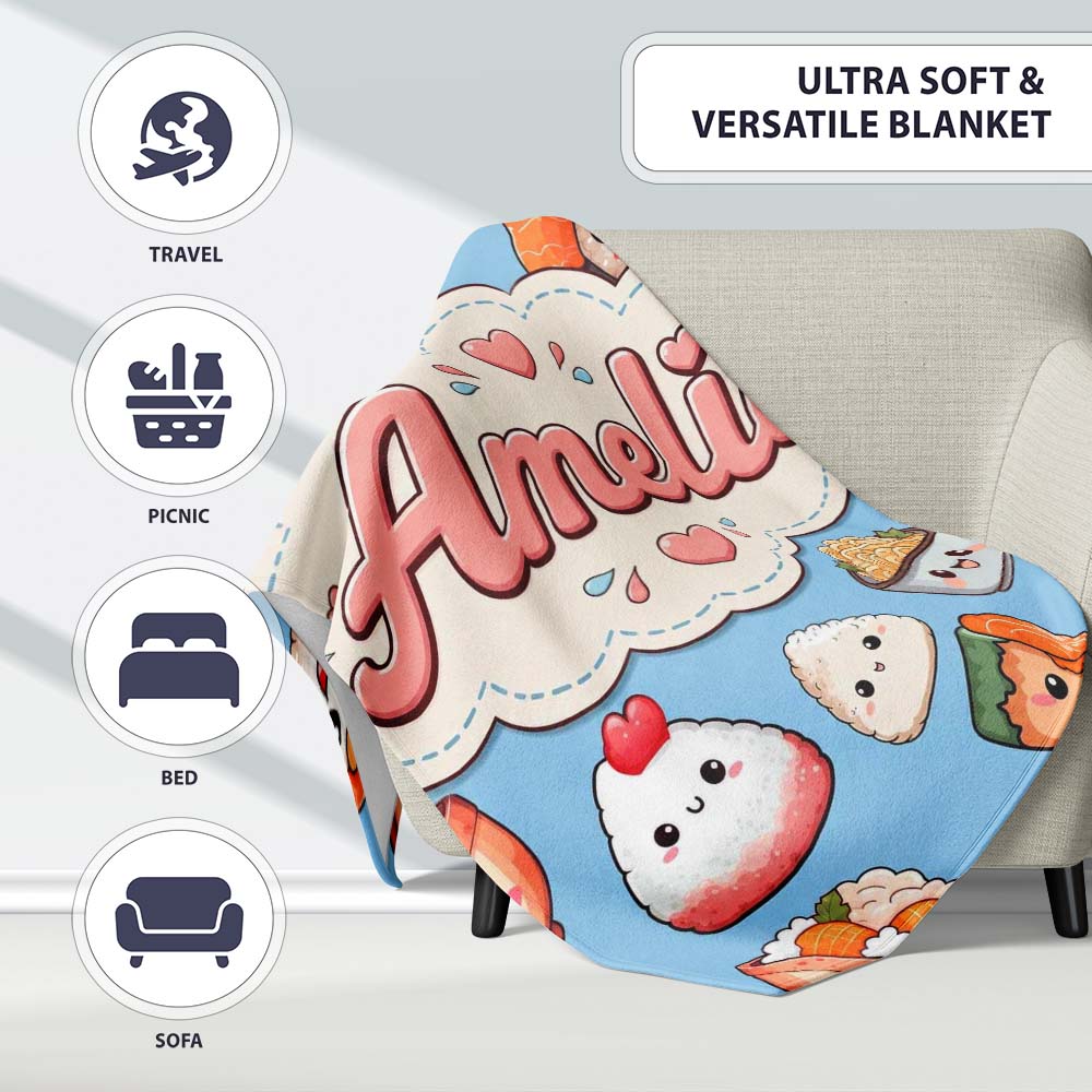 Cute Kawaii Sushi Rice Bowls and Noodles on Blue Background  Personalised Custom Name Super Soft Fleece Blanket Bed Sofa Throw