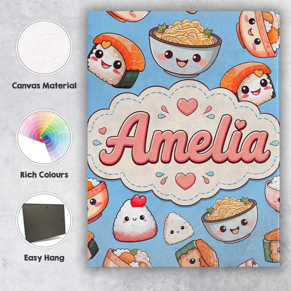 Personalised Name Cute Kawaii Sushi Rice Custom  Unique Gift Idea Elegant Feature Canvas Wall Art Print Decor Picture Ready to Hang