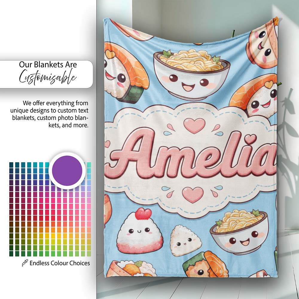 Cute Kawaii Sushi Rice Bowls and Noodles on Blue Background  Personalised Custom Name Super Soft Fleece Blanket Bed Sofa Throw