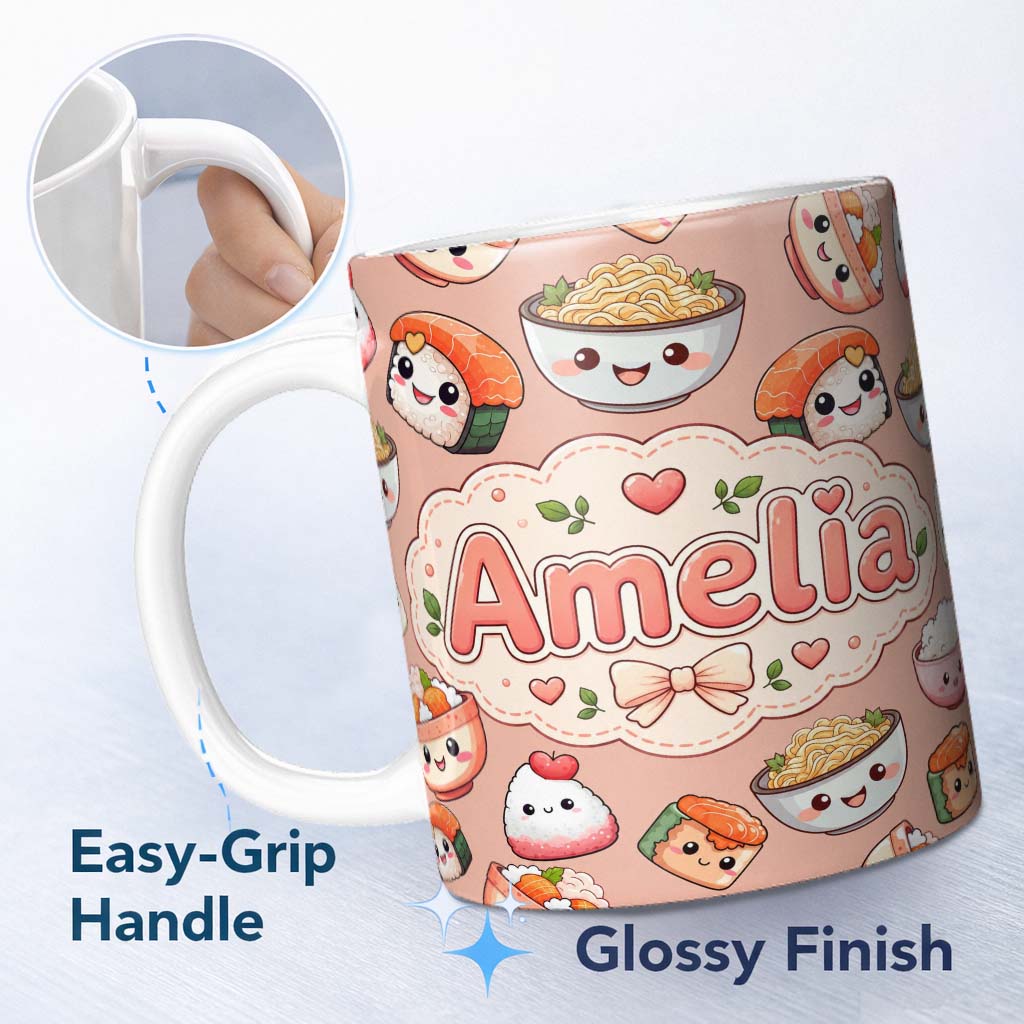 Personalized Custom Name Cute Kawaii Sushi Rice Bowls and Noodles on Peach Background 11oz Ceramic Coffee Tea Mug White Large Handle
