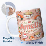 Personalized Custom Name Cute Kawaii Sushi Rice Bowls and Noodles on Peach Background 11oz Ceramic Coffee Tea Mug White Large Handle