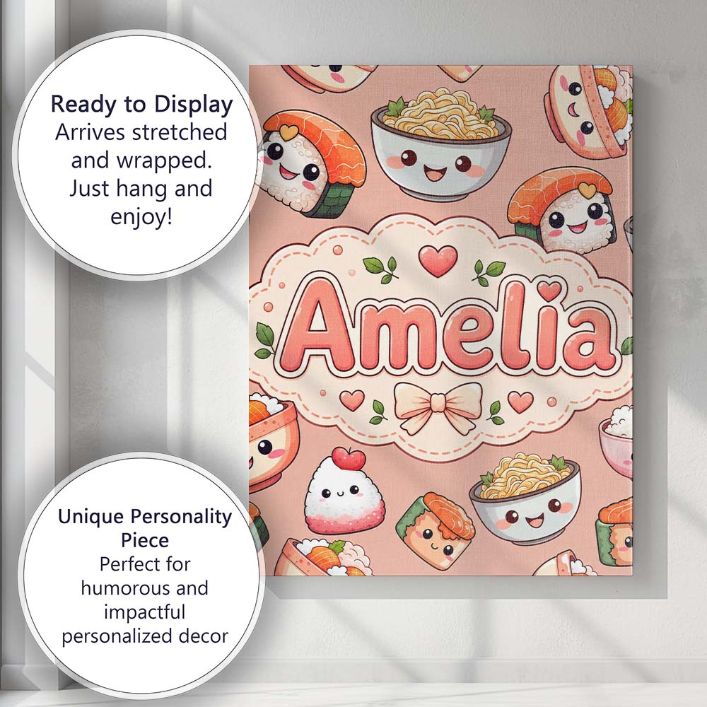 Personalised Name Cute Kawaii Sushi Rice Custom  Unique Gift Idea Elegant Feature Canvas Wall Art Print Decor Picture Ready to Hang