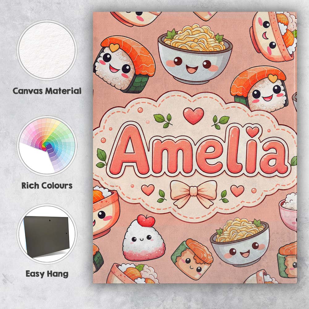 Personalised Name Cute Kawaii Sushi Rice Custom  Unique Gift Idea Elegant Feature Canvas Wall Art Print Decor Picture Ready to Hang