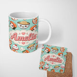 Personalized Custom Name Cute Kawaii Sushi Rice Bowls and Noodles on Mint Background 11oz Ceramic Coffee Tea Mug White Large Handle