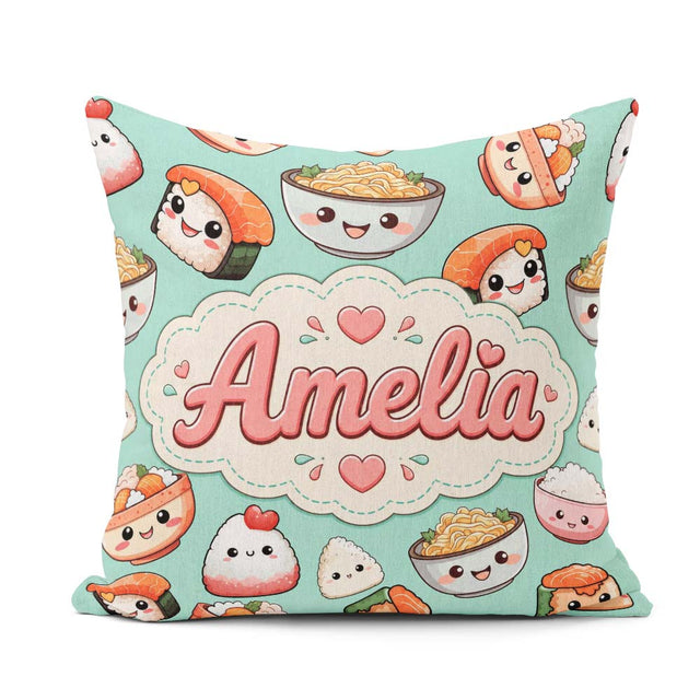Custom Name Cute Sushi Rice Bowls and Noodles on Mint Background Square Filled Cushion Throw Pillow Sofa Bed Home Decor Zip Washable UK Made