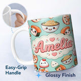 Personalized Custom Name Cute Kawaii Sushi Rice Bowls and Noodles on Mint Background 11oz Ceramic Coffee Tea Mug White Large Handle
