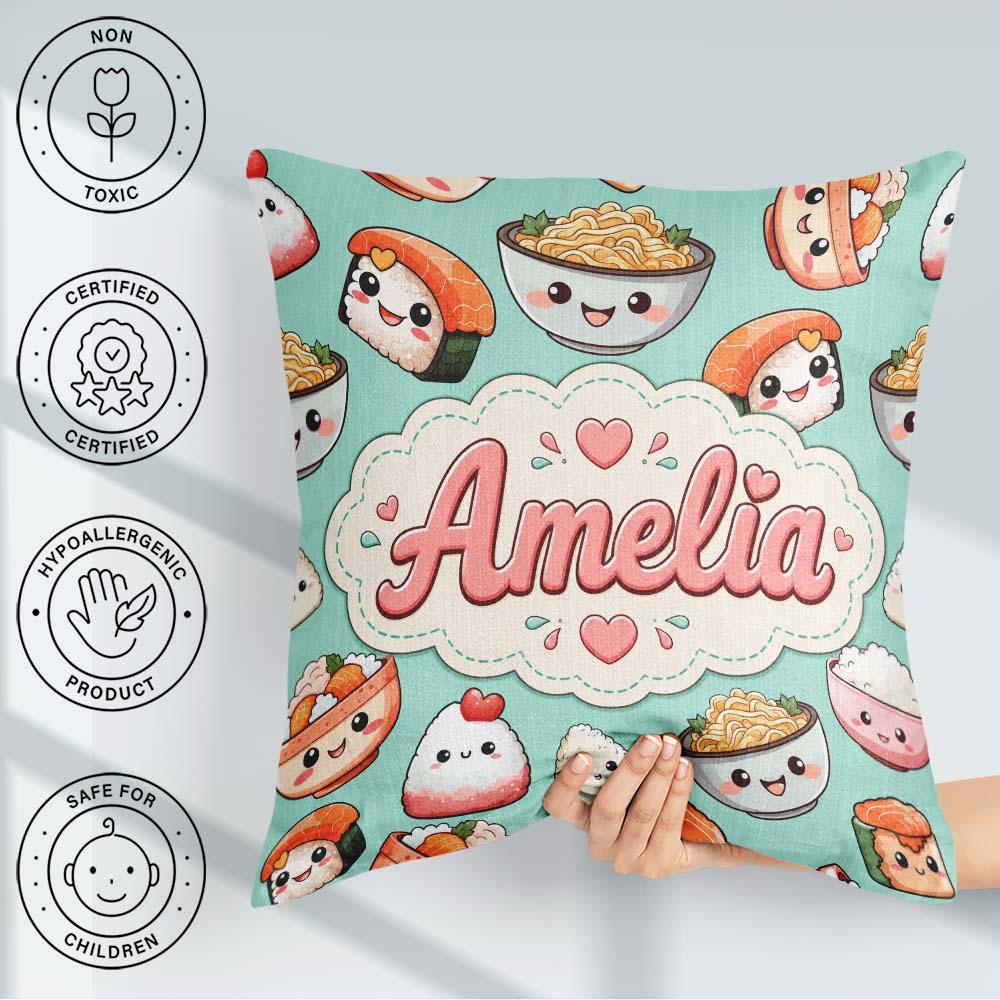 Custom Name Cute Sushi Rice Bowls and Noodles on Mint Background Square Filled Cushion Throw Pillow Sofa Bed Home Decor Zip Washable UK Made