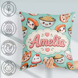 Custom Name Cute Sushi Rice Bowls and Noodles on Mint Background Square Filled Cushion Throw Pillow Sofa Bed Home Decor Zip Washable UK Made