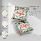 Custom Name Cute Sushi Rice Bowls and Noodles on Mint Background Square Filled Cushion Throw Pillow Sofa Bed Home Decor Zip Washable UK Made