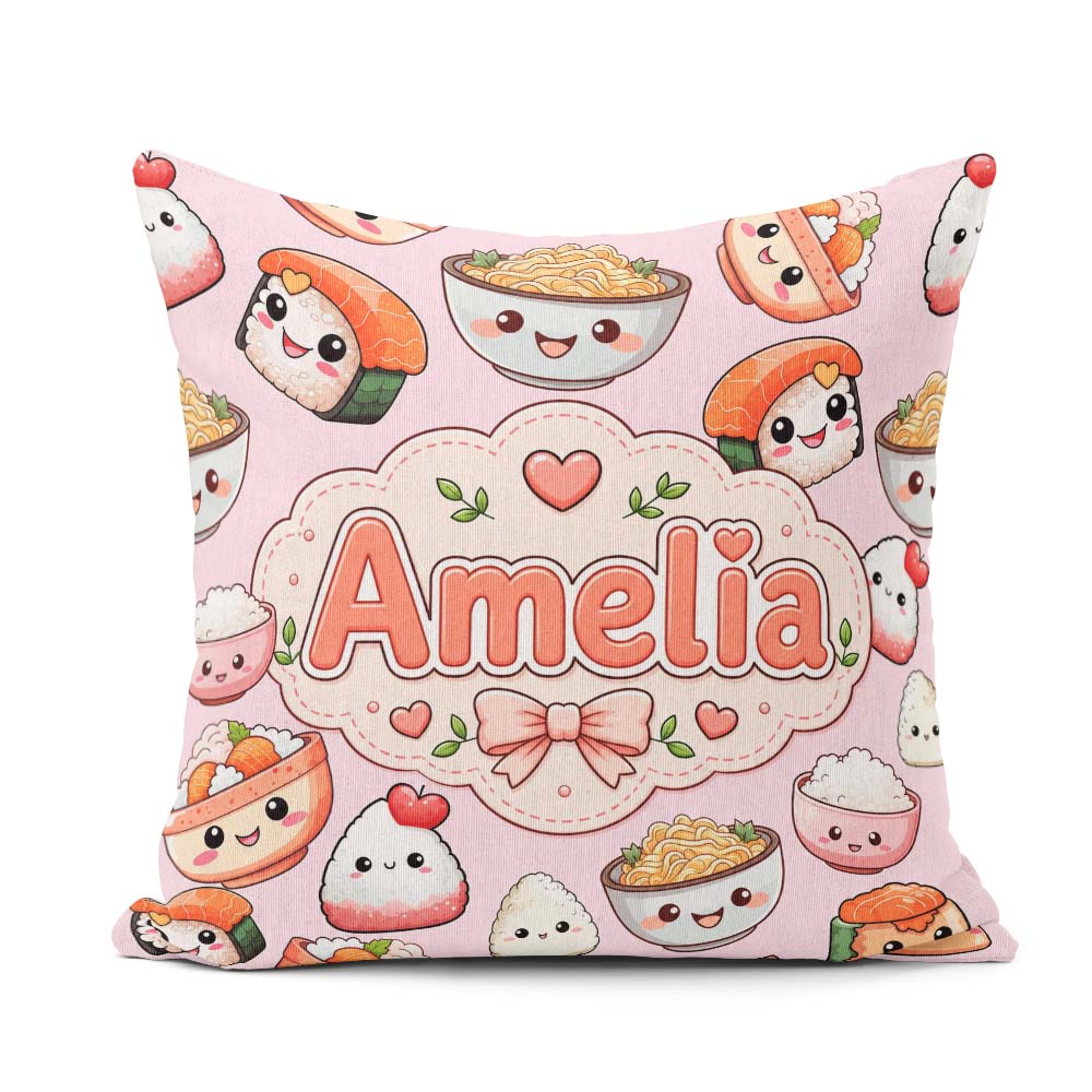 Custom Name Kawaii Sushi Rice Bowls and Noodles on Pink Seamless Square Filled Cushion Throw Pillow Sofa Bed Home Decor Zip Washable UK Made