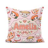 Custom Name Kawaii Sushi Rice Bowls and Noodles on Pink Seamless Square Filled Cushion Throw Pillow Sofa Bed Home Decor Zip Washable UK Made