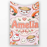 Kawaii Sushi Rice Bowls and Noodles on Light Pink Seamless Pattern  Personalised Custom Name Super Soft Fleece Blanket Bed Sofa Throw