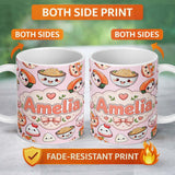 Personalized Custom Name Kawaii Sushi Rice Bowls and Noodles on Light Pink Seamless Pattern 11oz Ceramic Coffee Tea Mug White Large Handle