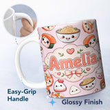Personalized Custom Name Kawaii Sushi Rice Bowls and Noodles on Light Pink Seamless Pattern 11oz Ceramic Coffee Tea Mug White Large Handle