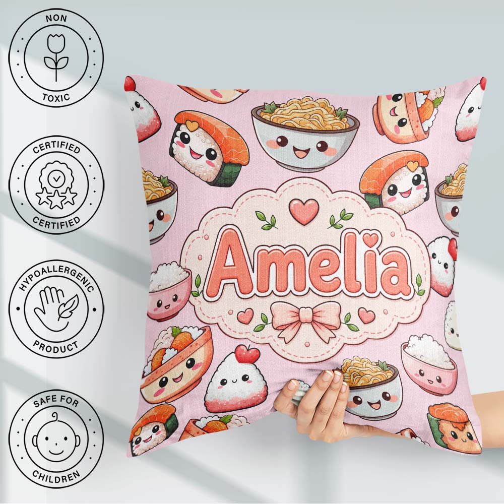 Custom Name Kawaii Sushi Rice Bowls and Noodles on Pink Seamless Square Filled Cushion Throw Pillow Sofa Bed Home Decor Zip Washable UK Made