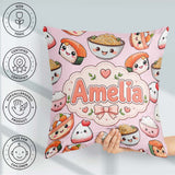 Custom Name Kawaii Sushi Rice Bowls and Noodles on Pink Seamless Square Filled Cushion Throw Pillow Sofa Bed Home Decor Zip Washable UK Made