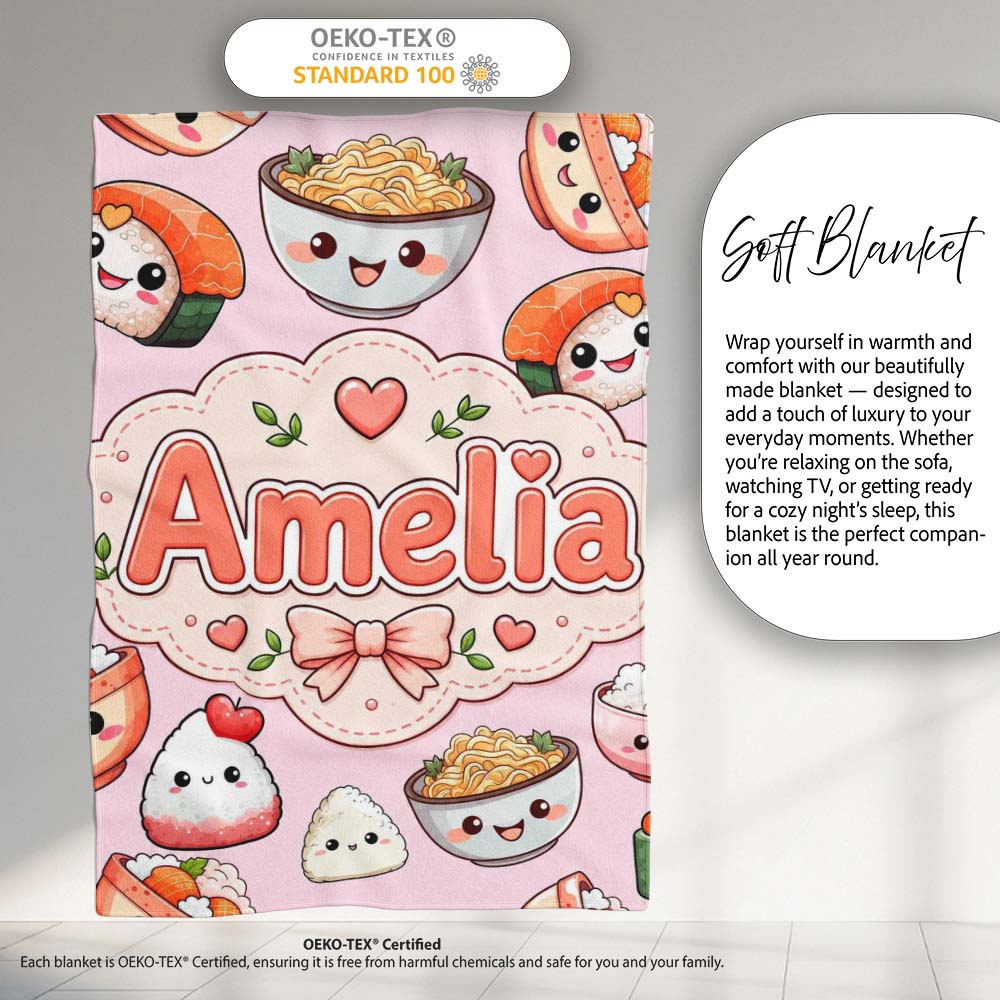 Kawaii Sushi Rice Bowls and Noodles on Light Pink Seamless Pattern  Personalised Custom Name Super Soft Fleece Blanket Bed Sofa Throw