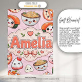 Kawaii Sushi Rice Bowls and Noodles on Light Pink Seamless Pattern  Personalised Custom Name Super Soft Fleece Blanket Bed Sofa Throw
