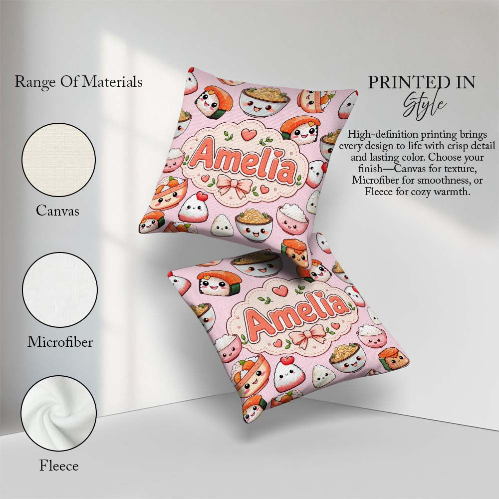 Custom Name Kawaii Sushi Rice Bowls and Noodles on Pink Seamless Square Filled Cushion Throw Pillow Sofa Bed Home Decor Zip Washable UK Made