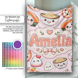Kawaii Sushi Rice Bowls and Noodles on Light Pink Seamless Pattern  Personalised Custom Name Super Soft Fleece Blanket Bed Sofa Throw