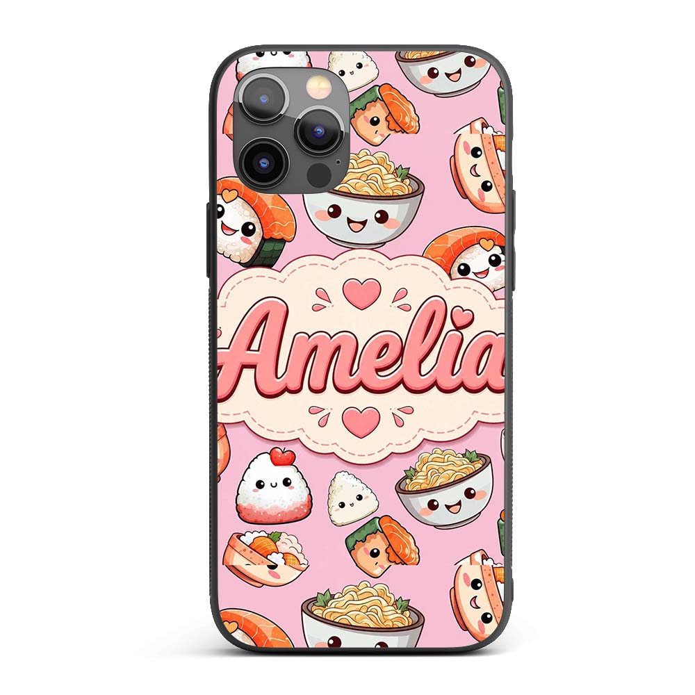 Cute Kawaii Sushi Rice Bowls and Noodles on Pink Custom Name Protective Phone Case Mobile Cover Durable Everyday Smartphone Shock Resistant