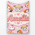 Cute Kawaii Sushi Rice Bowls and Noodles on Pink Background  Personalised Custom Name Super Soft Fleece Blanket Bed Sofa Throw