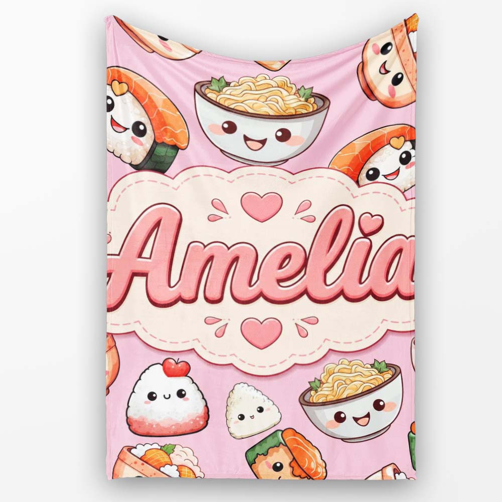 Cute Kawaii Sushi Rice Bowls and Noodles on Pink Background  Personalised Custom Name Super Soft Fleece Blanket Bed Sofa Throw