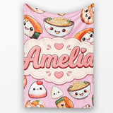 Cute Kawaii Sushi Rice Bowls and Noodles on Pink Background  Personalised Custom Name Super Soft Fleece Blanket Bed Sofa Throw