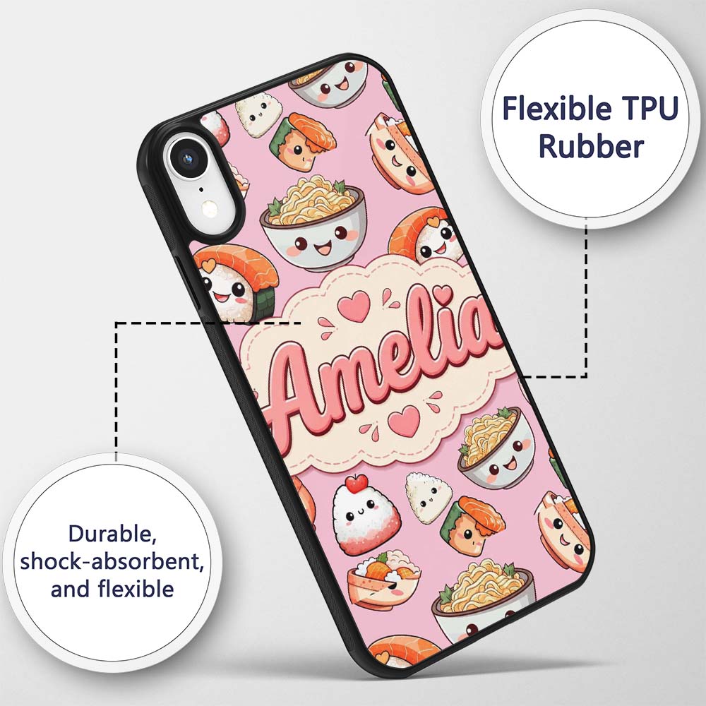 Cute Kawaii Sushi Rice Bowls and Noodles on Pink Custom Name Protective Phone Case Mobile Cover Durable Everyday Smartphone Shock Resistant