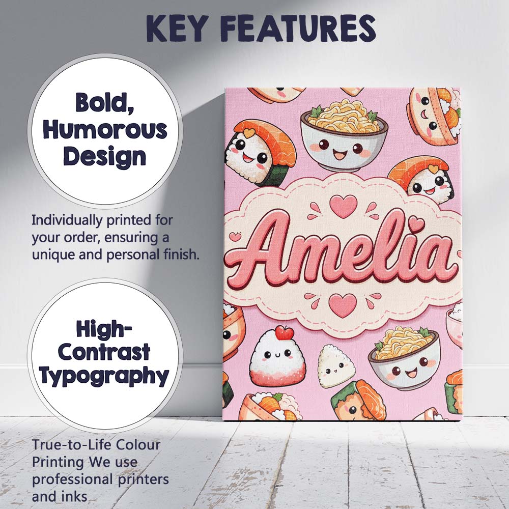 Personalised Name Cute Kawaii Sushi Rice Custom  Unique Gift Idea Elegant Feature Canvas Wall Art Print Decor Picture Ready to Hang