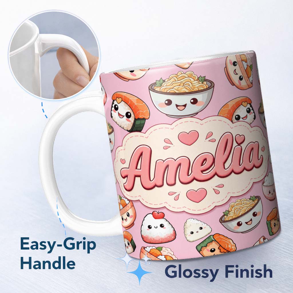 Personalized Custom Name Cute Kawaii Sushi Rice Bowls and Noodles on Pink Background 11oz Ceramic Coffee Tea Mug White Large Handle