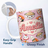 Personalized Custom Name Cute Kawaii Sushi Rice Bowls and Noodles on Pink Background 11oz Ceramic Coffee Tea Mug White Large Handle