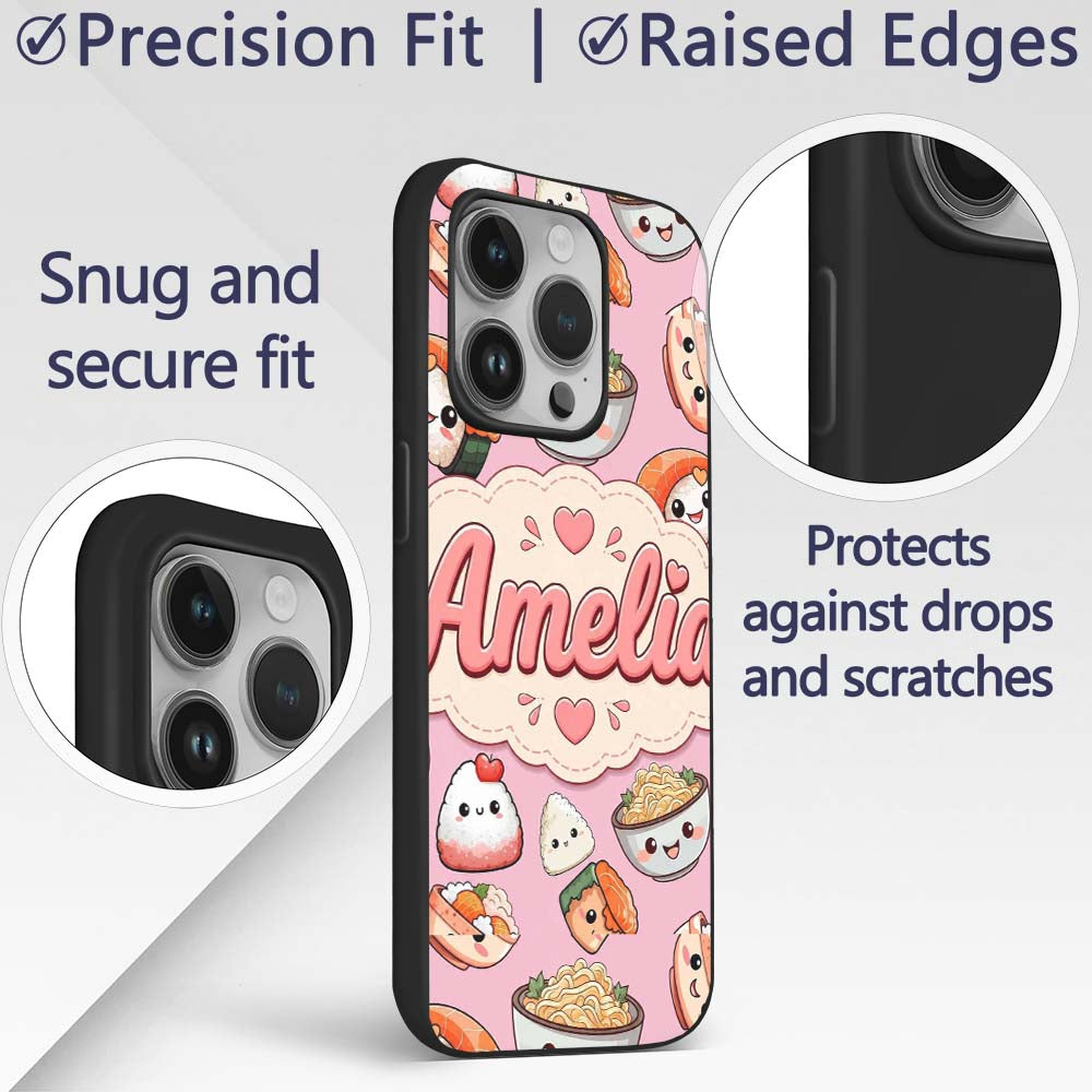 Cute Kawaii Sushi Rice Bowls and Noodles on Pink Custom Name Protective Phone Case Mobile Cover Durable Everyday Smartphone Shock Resistant