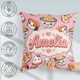 Custom Name Cute Sushi Rice Bowls and Noodles on Pink Background Square Filled Cushion Throw Pillow Sofa Bed Home Decor Zip Washable UK Made