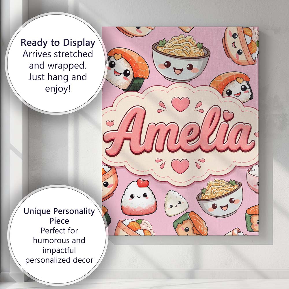 Personalised Name Cute Kawaii Sushi Rice Custom  Unique Gift Idea Elegant Feature Canvas Wall Art Print Decor Picture Ready to Hang