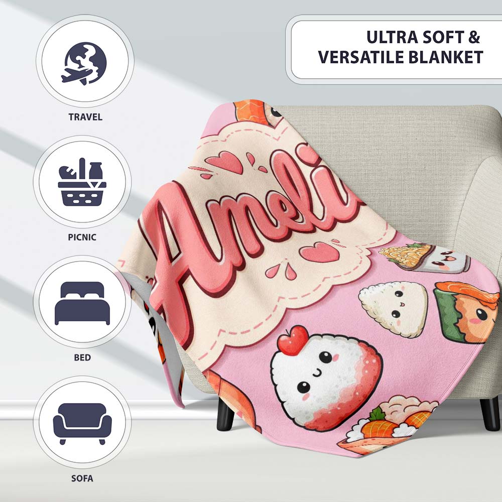 Cute Kawaii Sushi Rice Bowls and Noodles on Pink Background  Personalised Custom Name Super Soft Fleece Blanket Bed Sofa Throw