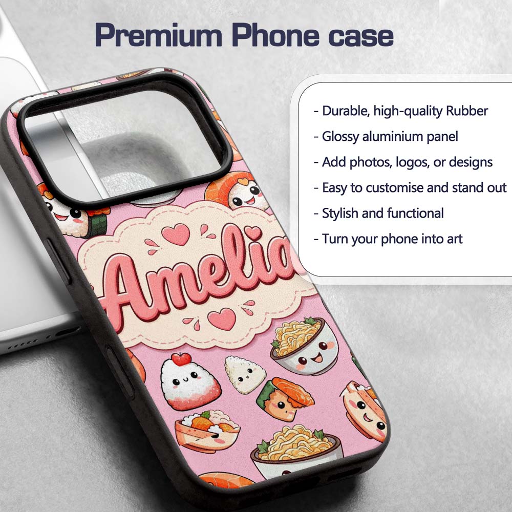 Cute Kawaii Sushi Rice Bowls and Noodles on Pink Custom Name Protective Phone Case Mobile Cover Durable Everyday Smartphone Shock Resistant
