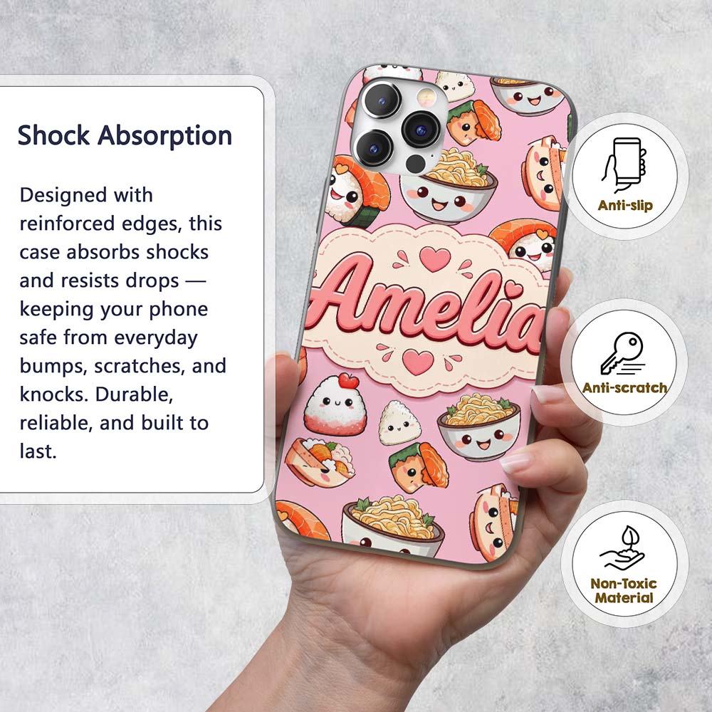 Cute Kawaii Sushi Rice Bowls and Noodles on Pink Custom Name Protective Phone Case Mobile Cover Durable Everyday Smartphone Shock Resistant