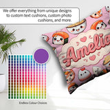 Custom Name Cute Sushi Rice Bowls and Noodles on Pink Background Square Filled Cushion Throw Pillow Sofa Bed Home Decor Zip Washable UK Made