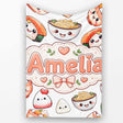 Cute Kawaii Sushi Rice Bowls and Noodles on White Background  Personalised Custom Name Super Soft Fleece Blanket Bed Sofa Throw