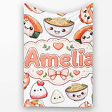 Cute Kawaii Sushi Rice Bowls and Noodles on White Background  Personalised Custom Name Super Soft Fleece Blanket Bed Sofa Throw