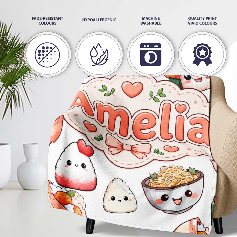 Cute Kawaii Sushi Rice Bowls and Noodles on White Background  Personalised Custom Name Super Soft Fleece Blanket Bed Sofa Throw