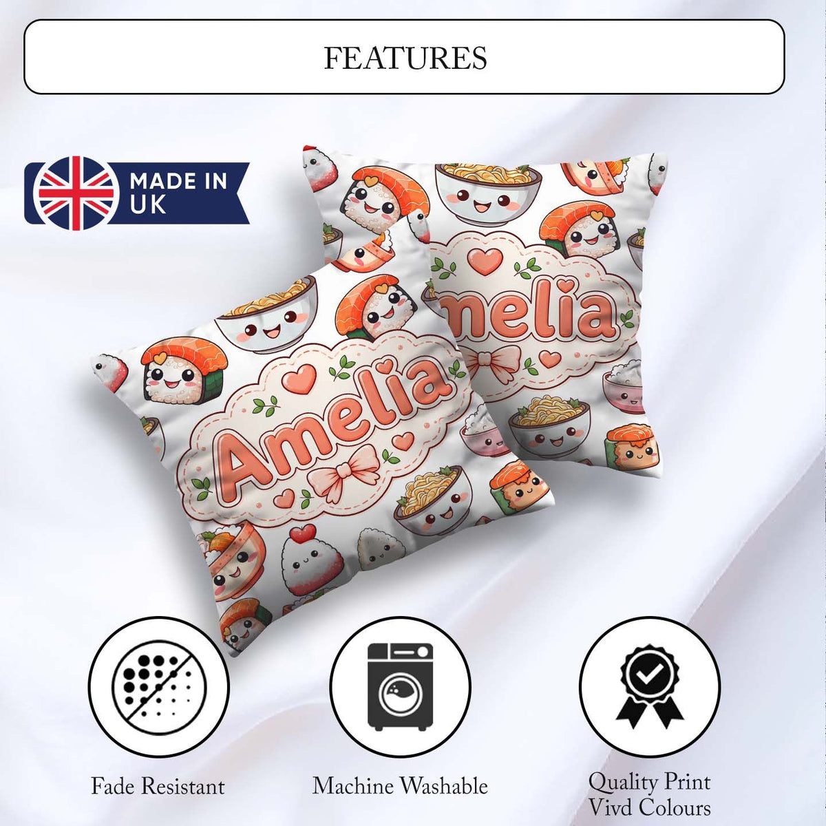 Custom Name Cute Kawaii Sushi Rice Bowls and on White Background Square Filled Cushion Throw Pillow Sofa Bed Home Decor Zip Washable UK Made